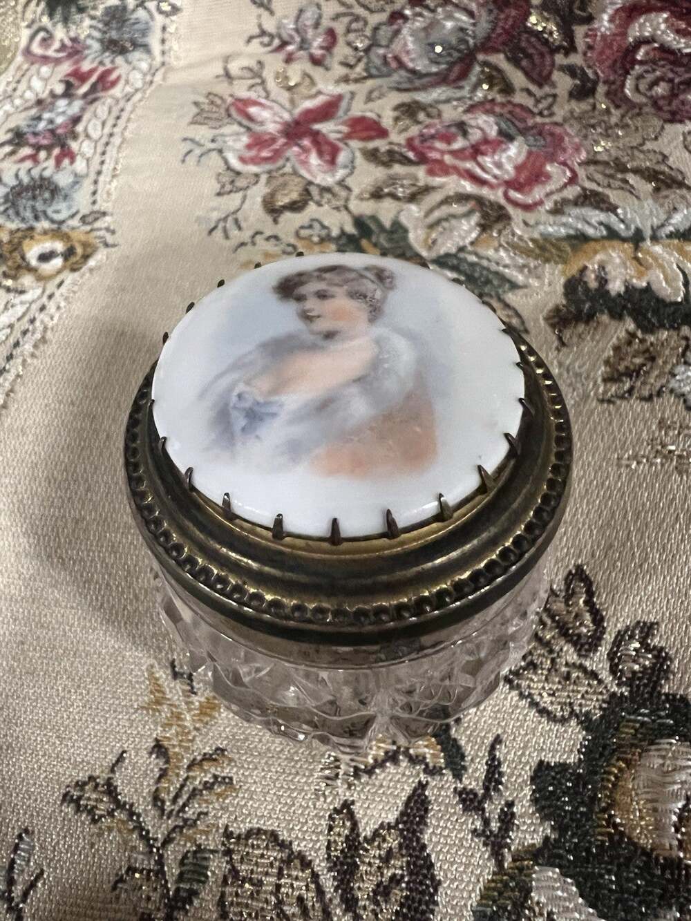 Antique Victorian Cut Glass Patch Box Miniature Portrait Porcelain Lid 2x1.5